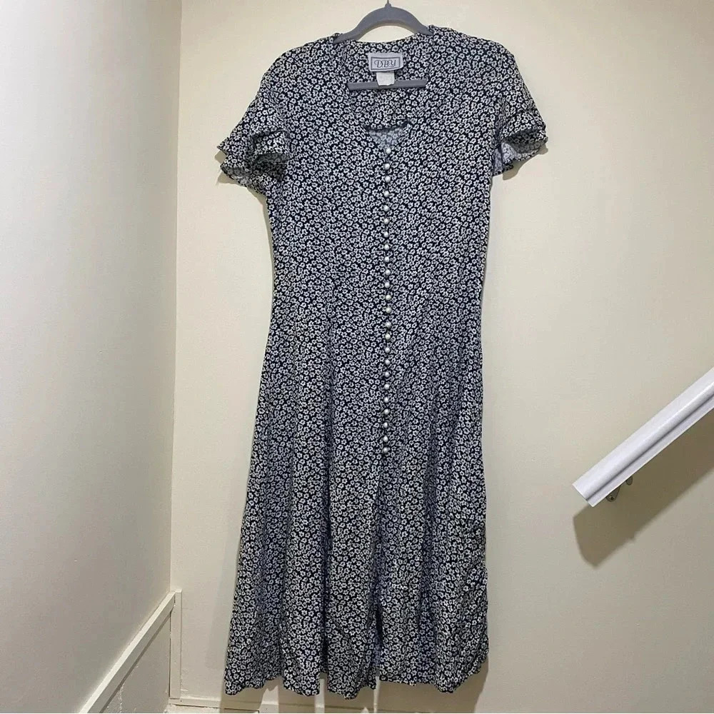 Women’s Vintage Green White Floral D.B.Y brand Dress + Pearl  buttons corset S:9